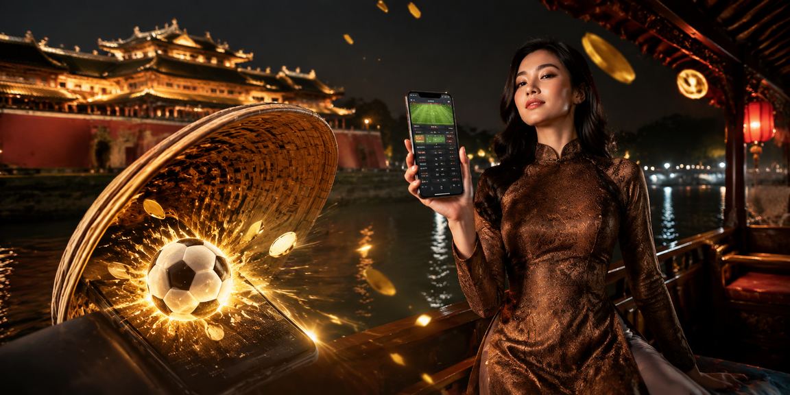 Người dùng tại Huế chơi casino trên điện thoại di động với hình ảnh nón lá truyền thống trong khung cảnh bình yên